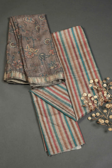 Dark Brown and Multihued Striped Semi Tussar Two Piece Suit Set Geetha Creation